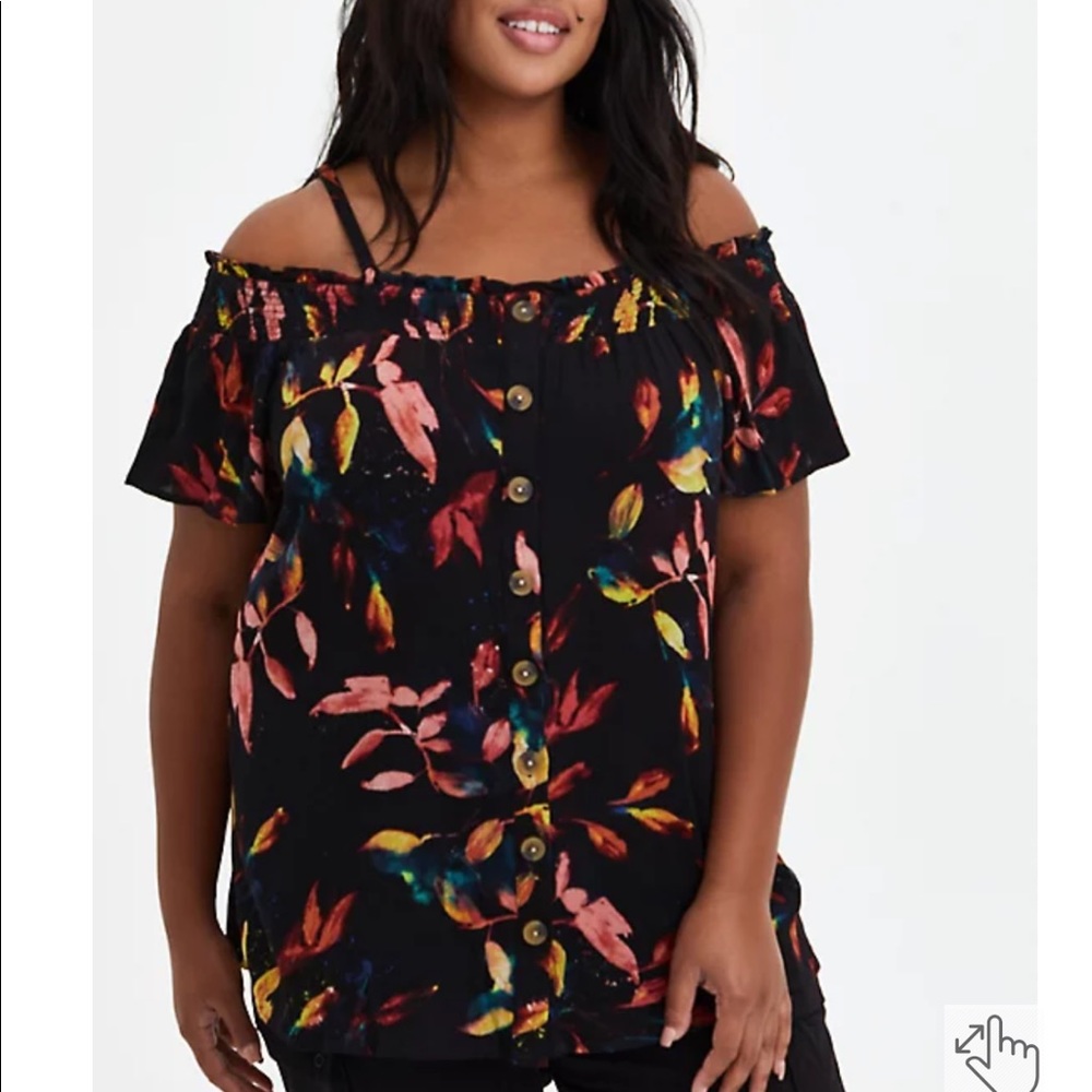 Torrid Smocked Cold-Shoulder Blouse Gauze Leaf Black NWT
